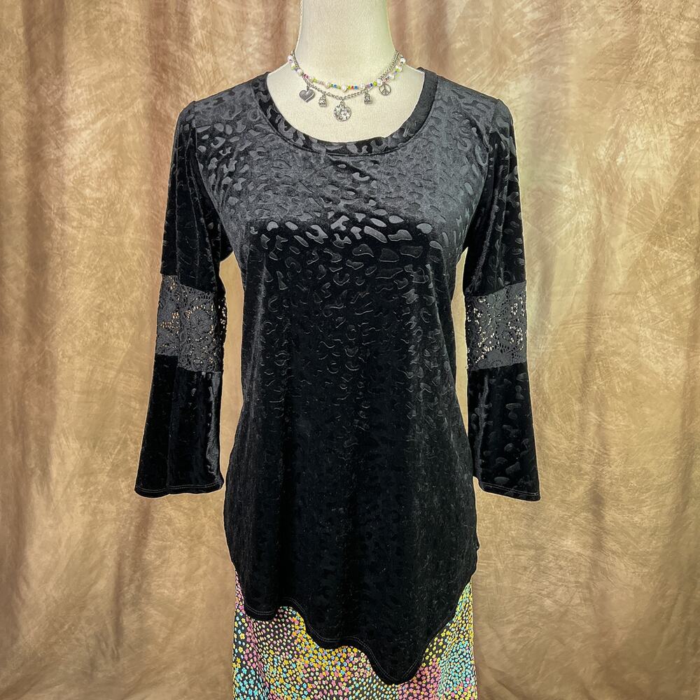Y2K Whimsigoth Top Tunic Black Animal Print Velour Flare Bell Sleeve Lace Goth